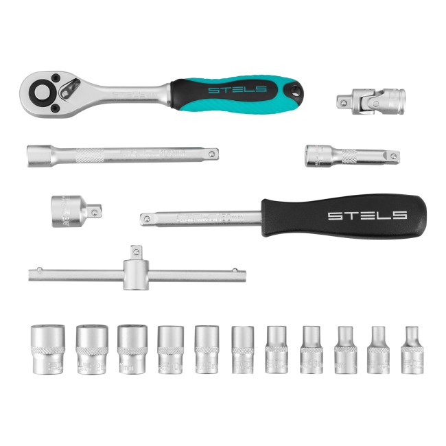 Набор торцевых головок с трещоткой, 1/4" 18 предметов Stels Набор торцевых головок с трещоткой, 1/4" 18 предметов Stels