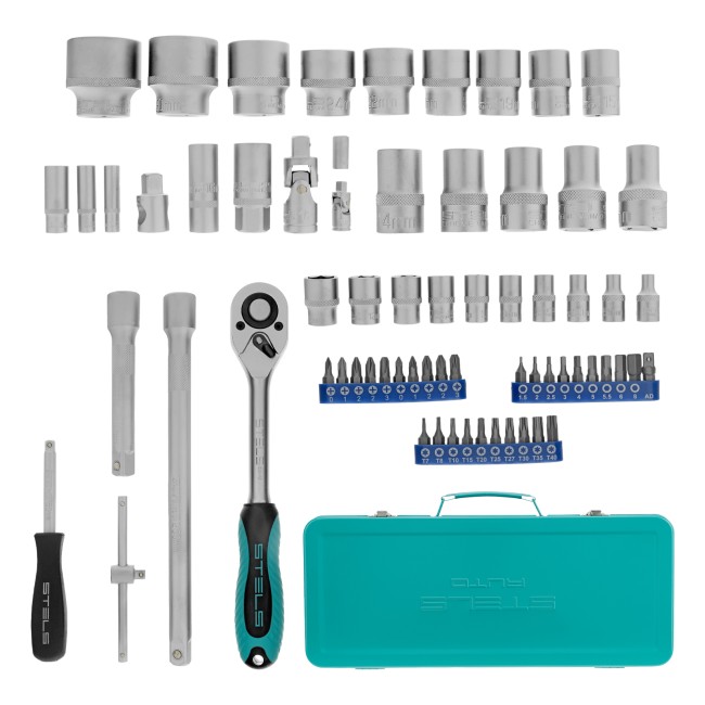 Набор торцевых головок с трещоткой 1/2", 1/4" 68 предметов Stels Набор торцевых головок с трещоткой 1/2", 1/4" 68 предметов Stels